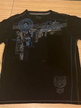 Men's Black Graphic Short Sleeve Tee with Blue Accents